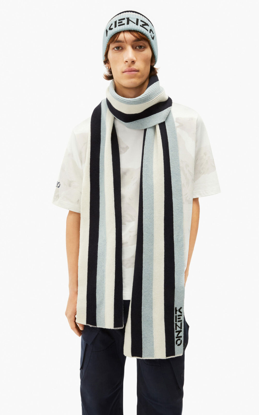 Kenzo The Kışlık Capsule striped wool Atkı Erkek Mavi Siyah | 0891-ZTUNM